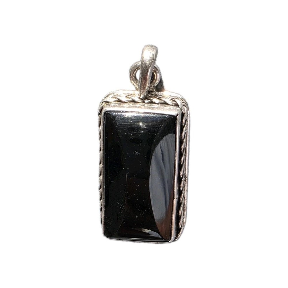 Vintage 925 Sterling Silver Natural Black Onyx Rectangle Pendant Braided Frame